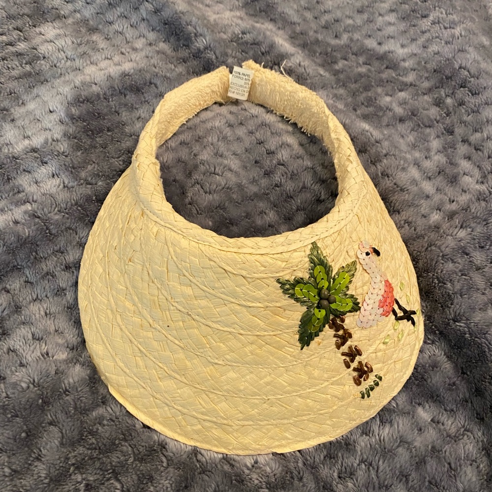 NWOT cute straw beach theme visor with sequin palm tree and flamingo